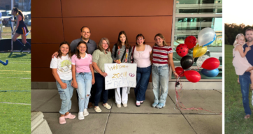 Gastfamilienbrief Collage: Schülerin beim Hockeyspiel von hinten aufgenommen, Austauschschülerin bei der Ankunft am Flughafen und Familienfoto mit der Gastfamilie