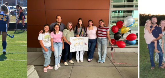 Collage: Schülerin beim Hockeyspiel von hinten aufgenommen, Austauschschülerin bei der Ankunft am Flughafen und Familienfoto mit der Gastfamilie