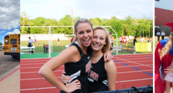 Collage: 1. amerikanische Schulbusse, 2. zwei Schülerinnen umarmen sich auf dem Sportplatz der High School, zwei Schülerinnen in Cap and Gown bei der Graduation Feier