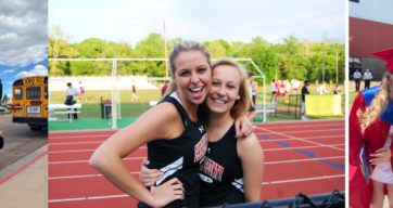 Die amerikanische High School Collage: 1. amerikanische Schulbusse, 2. zwei Schülerinnen umarmen sich auf dem Sportplatz der High School, zwei Schülerinnen in Cap and Gown bei der Graduation Feier