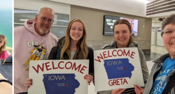 Greta mit einer Freundin und ihrer Gastfamilie am Flughafen