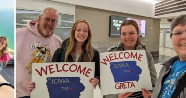 Greta mit einer Freundin und ihrer Gastfamilie am Flughafen