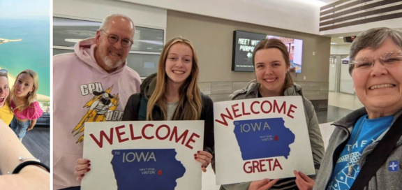 Greta mit einer Freundin und ihrer Gastfamilie am Flughafen