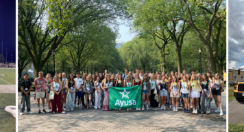 Header mit Gruppenfoto. Sportfeld und gelbem Schulbus