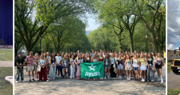 Header mit Gruppenfoto. Sportfeld und gelbem Schulbus