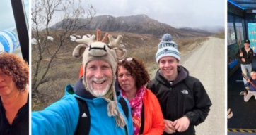 Collage aus drei Bildern, Eriks Eltern am Flughafen auf dem Weg nach Alaska, Erik mit seinen Eltern auf einer Wanderung, Erik mit Eltern bei einer Sportveranstaltung in Alaska