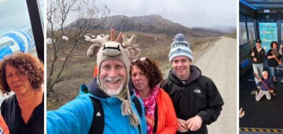 Erfahrungsbericht Eriks Eltern Collage aus drei Bildern, Eriks Eltern am Flughafen auf dem Weg nach Alaska, Erik mit seinen Eltern auf einer Wanderung, Erik mit Eltern bei einer Sportveranstaltung in Alaska
