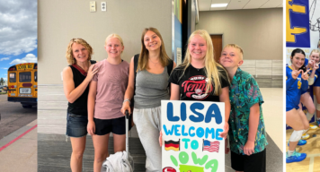collage aus drei bildern: 1. zwei amerikanische schulbusse, 2. austauschschülerin mit gastfamilie und willkommenschild am flughafen, 3. high school cheerleading gruppenfoto
