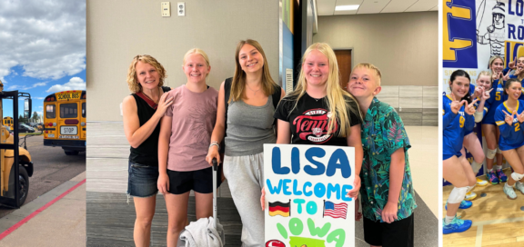 collage aus drei bildern: 1. zwei amerikanische schulbusse, 2. austauschschülerin mit gastfamilie und willkommenschild am flughafen, 3. high school cheerleading gruppenfoto