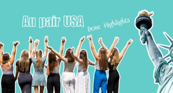 Header Bild Collage mit Au pairs, die die Arme nach oben strecken, der Freiheitsstatur und den Schriftzügen 