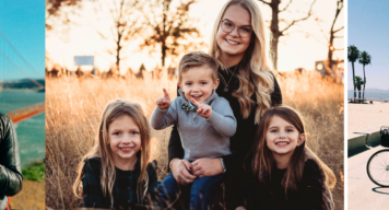 collage aus drei bildern: 1. a pair vor der Golden Gate Bridge, 2. Au pair mit drei Gastkindern, 3. Au pair am Strand mit dem Fahrrad