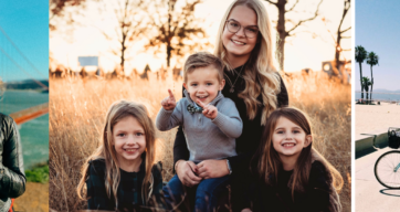 collage aus drei bildern: 1. a pair vor der Golden Gate Bridge, 2. Au pair mit drei Gastkindern, 3. Au pair am Strand mit dem Fahrrad