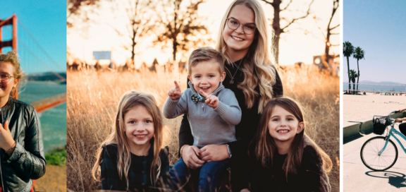 collage aus drei bildern: 1. a pair vor der Golden Gate Bridge, 2. Au pair mit drei Gastkindern, 3. Au pair am Strand mit dem Fahrrad