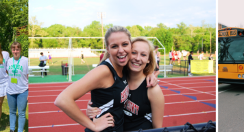 Collage aus drei Bildern: 1. Ayusa Teilnehmende mit Ayusa-Shirt, 2. Austauschschülerin und Freundin auf dem Sportplatz einer High School und 3. Austauschschülerin posiert vor gelbem Schulbus