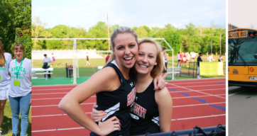 Collage aus drei Bildern: 1. Ayusa Teilnehmende mit Ayusa-Shirt, 2. Austauschschülerin und Freundin auf dem Sportplatz einer High School und 3. Austauschschülerin posiert vor gelbem Schulbus