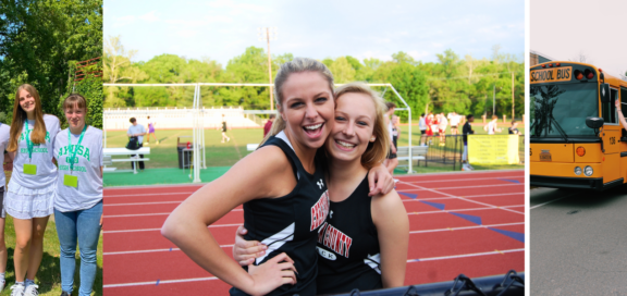 Collage aus drei Bildern: 1. Ayusa Teilnehmende mit Ayusa-Shirt, 2. Austauschschülerin und Freundin auf dem Sportplatz einer High School und 3. Austauschschülerin posiert vor gelbem Schulbus