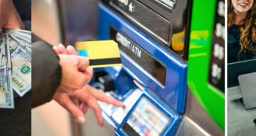 Das Au pair Bankkonto collage: fotos von einem bankautomat, vielen Dollarscheinen und einer Kartenzahlung