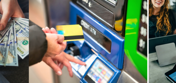 Das Au pair Bankkonto collage: fotos von einem bankautomat, vielen Dollarscheinen und einer Kartenzahlung