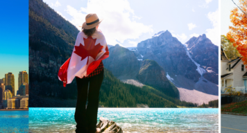 Collage über Kanada: 1. Blick auf eine Skyline, 2. Junge Frau mit Kanadaflagge umwickelt steht an einem See mit Gebirge im Hintergrund, 3. Straße einer kanadischen Vorstadt im Herbst