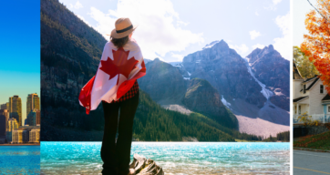 Feiertage in Kanada Collage über Kanada: 1. Blick auf eine Skyline, 2. Junge Frau mit Kanadaflagge umwickelt steht an einem See mit Gebirge im Hintergrund, 3. Straße einer kanadischen Vorstadt im Herbst