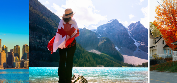 Collage über Kanada: 1. Blick auf eine Skyline, 2. Junge Frau mit Kanadaflagge umwickelt steht an einem See mit Gebirge im Hintergrund, 3. Straße einer kanadischen Vorstadt im Herbst