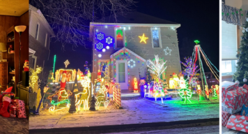 Collage aus 1. leuchtendem Weihnachtsbaum, 2. beleuchtetem Haus mit Weihnachtsdeko, 3. Weihnachtsbaum mit vielen Geschenken davor