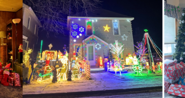 Weihnachten in den USA Collage aus 1. leuchtendem Weihnachtsbaum, 2. beleuchtetem Haus mit Weihnachtsdeko, 3. Weihnachtsbaum mit vielen Geschenken davor