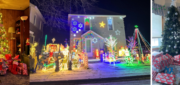 Weihnachten in den USA Collage aus 1. leuchtendem Weihnachtsbaum, 2. beleuchtetem Haus mit Weihnachtsdeko, 3. Weihnachtsbaum mit vielen Geschenken davor