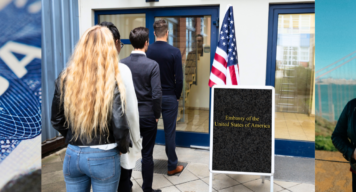 Collage: Nahaufnahme USA Visum, Schlange vor US-Konsulat, AuPairCare Au pair vor der Golden Gate Bridge