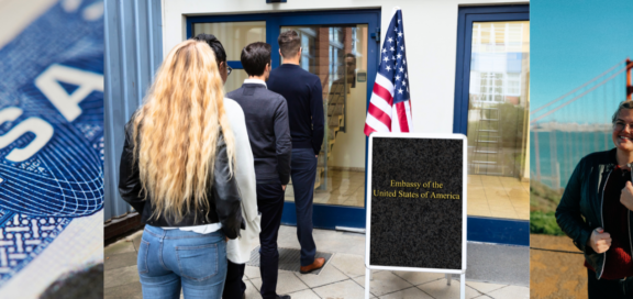 Collage: Nahaufnahme USA Visum, Schlange vor US-Konsulat, AuPairCare Au pair vor der Golden Gate Bridge
