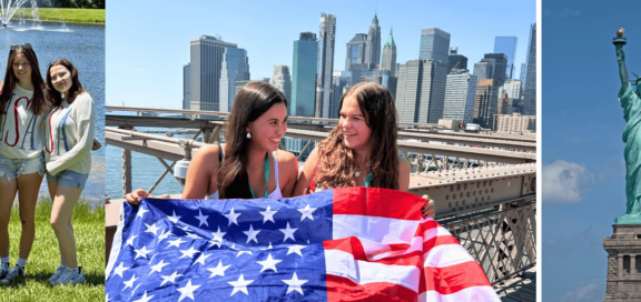 collage: gruppenfoto usa schuelerinnen, zwei junge Frauen mit usa flagge, freiheitsstatue