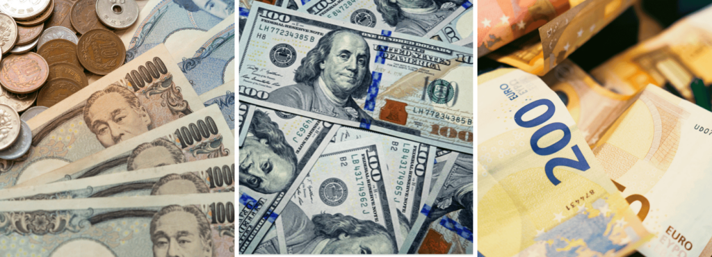 Japanische Yen, US amerikanische Dollars und Euronoten