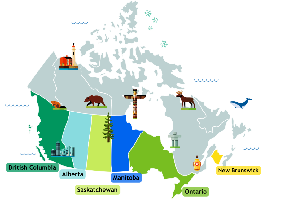 Karte von Kanada mit farblich hervorgehobenen Provinzen