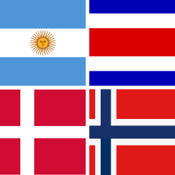 Flaggen Argentinien, Costa Rica, Dänemark, Norwegen